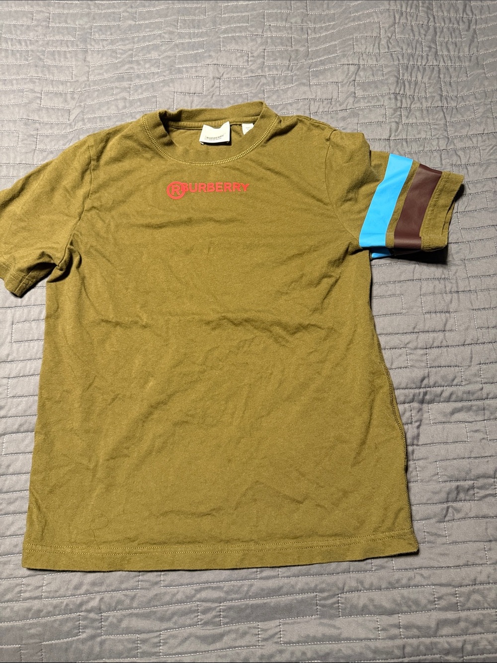 Burberry Olive Green Tee with Red Logo and Blue & Brown Sleeve Stripes